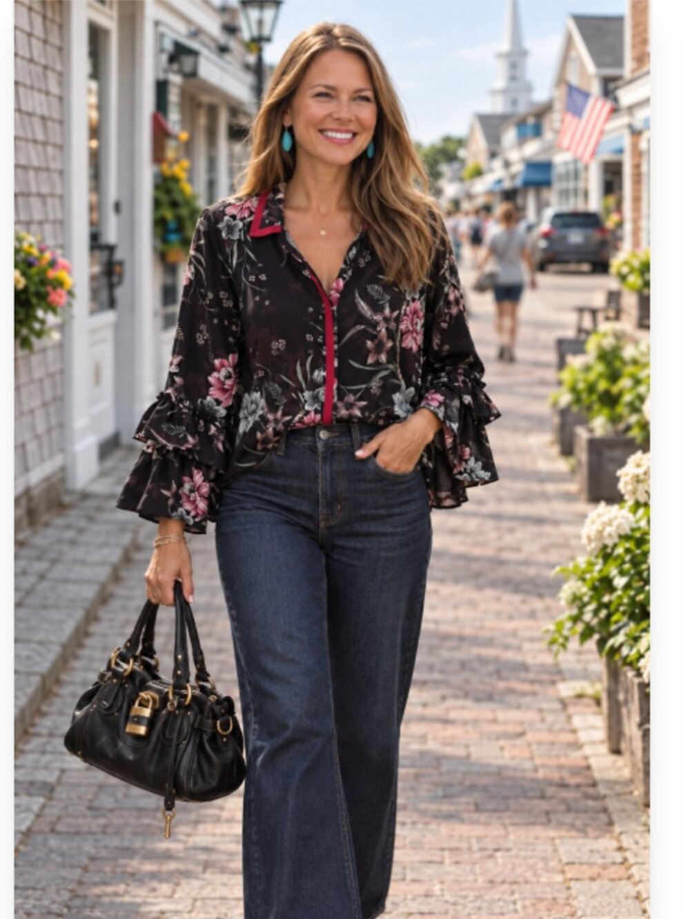 Badgley Mischka Black Floral Ruffle Bell Sleeve Blouse Size 8 Rent the Runway